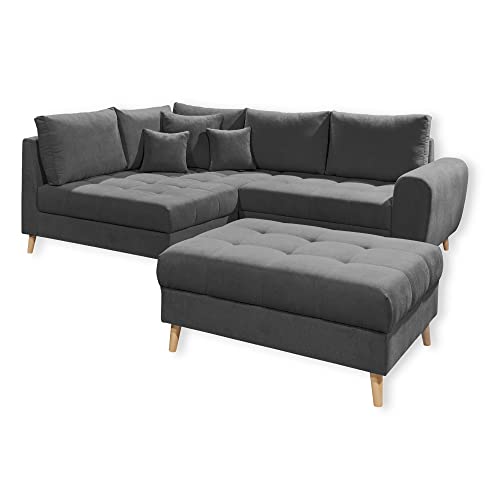 ALICE Ecksofa mit Hocker, Stoffbezug Anthrazit - Moderne Eckcouch mit Kissen & Massivholz Füßen - 249 x 94 x 175 cm (B/H/T) von Stella Trading