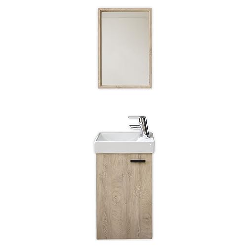 AMY Waschbecken mit Unterschrank und Spiegel in Elegance Endgrain Oak- Kompakter Waschtisch ideal für Gäste WC - 41 x 165 x 23 cm (B/H/T) von Stella Trading