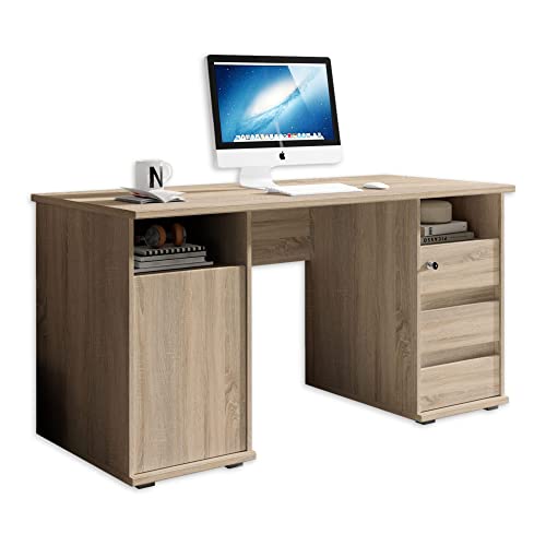 PRIMUS 2 Schreibtisch mit Schubladen, Sonoma Eiche Optik - Bürotisch Computertisch fürs Homeoffice mit Stauraum und offenen Ablagefächern - 145 x 74 x 65 cm (B/H/T) von Stella Trading