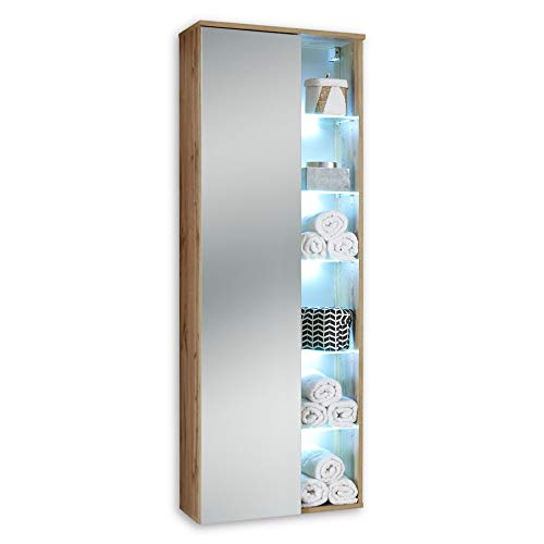 BEST Badezimmer Hängeschrank mit LED-Beleuchtung in Wildeiche Optik - Badezimmerschrank Bad Schrank mit viel Stauraum - 55 x 160 x 30 cm (B/H/T) von Stella Trading