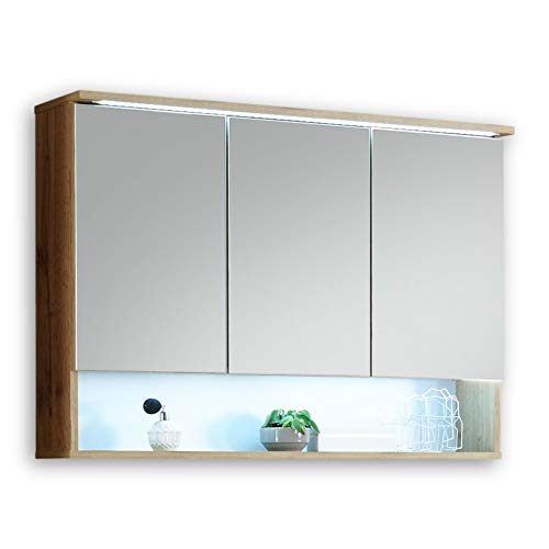 BEST Spiegelschrank Bad mit LED-Beleuchtung in Wildeiche Optik - Badezimmerspiegel Schrank mit viel Stauraum - 99 x 70 x 23 cm (B/H/T) von Stella Trading