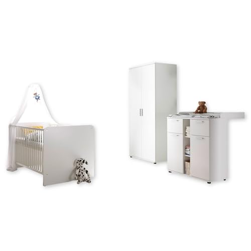 BIBO Babyzimmer Komplett-Set in Weiß - Babyzimmer Möbel-Set 3-teilig bestehend aus Kleiderschrank, Babybett & Wickelkommode von Stella Trading