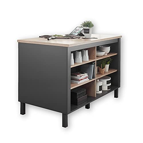 BILBERRY Moderne Kücheninsel mit Arbeitsplatte freistehend in Eiche Sonoma Optik, Anthrazit - Geräumiger Küchenschrank - 140 x 90 x 75 cm (B/H/T) von Stella Trading