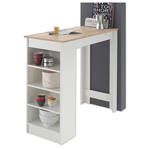 Bartisch in weiss mit Tischplatte in Eiche Sonoma und seitlichem Regal von Stella Trading