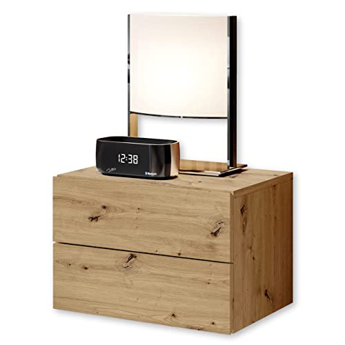 CABO Nachttisch hängend, Artisan Eiche Optik - Schwebender Nachtschrank mit Schubladen und viel Stauraum - 42 x 28 x 30 cm (B/H/T) von Stella Trading