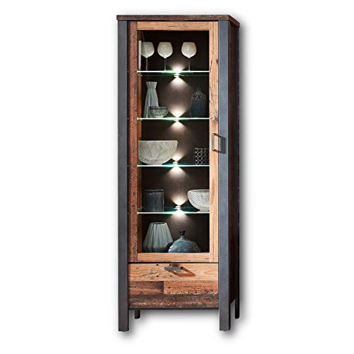 Stella Trading CARDIFF Vintage Vitrine in Used Style Optik (dark) - ausdrucksstarke Retro Glasvitrine inkl. LED Beleuchtung - 69 x 194 x 40 cm (B/H/T) von Stella Trading