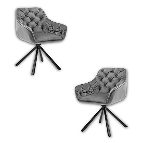 CLAIRE 2er Set Esszimmerstühle drehbar mit schwarzem Metall Gestell und Samtbezug, Grau - Bequeme Armlehnstühle für Esszimmer und Wohnzimmer - 57 x 81 x 58 cm (B/H/T) von Stella Trading