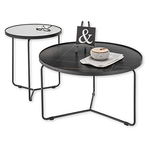 DANIELE Beistelltisch 2er Set rund, Schwarz / Weiß - Modernes Couchtisch Set mit schwarzem Metallgestell - 80 x 45 x 80 cm (B/H/T) von Stella Trading