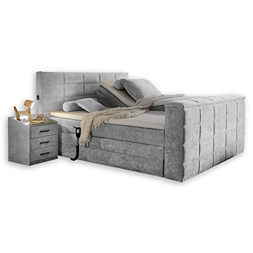 Stella Trading DENVER 6 Boxspringbett 180x200 elektrisch verstellbar, Silber - Bequemes Doppelbett mit motorisierter TV-Halterung - 202 x 123 x 240 cm (B/H/T) von Stella Trading