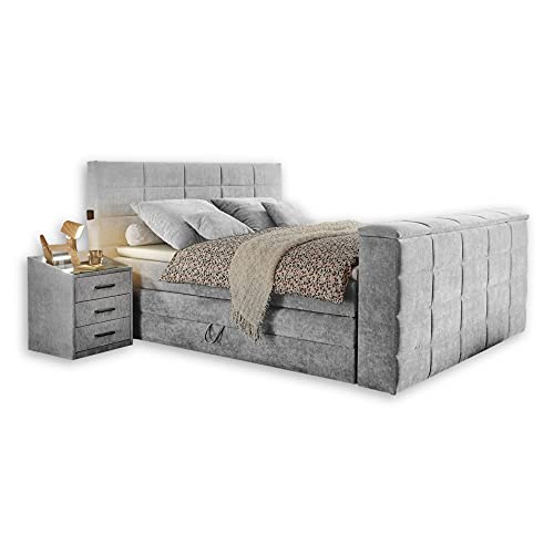 Stella Trading DENVER 6 Boxspringbett 180x200 mit Bettkasten, Silber - Bequemes Doppelbett mit 7-Zonen Federkern Matratze und Topper - 202 x 123 x 240 cm (B/H/T) von Stella Trading