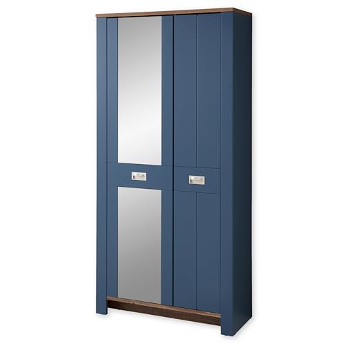 DIJON Garderobenschrank mit Spiegel in Parisian Blue, Haveleiche Cognac Optik - Moderner Flurgarderoben Schrank mit viel Stauraum - 98 x 201 x 38 cm (B/H/T) von Stella Trading