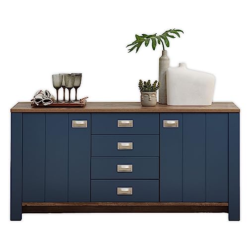 DIJON Sideboard in Parisian Blue, Haveleiche Cognac Optik - Moderne Kommode mit Schubladen und viel Stauraum - 163 x 79 x 45 cm (B/H/T) von Stella Trading