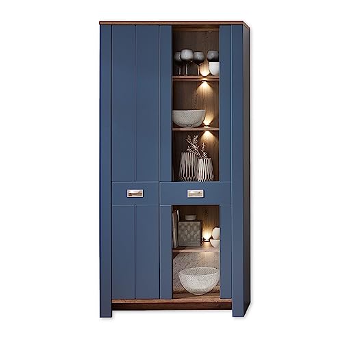DIJON Vitrine in Parisian Blue, Haveleiche Cognac Optik - Moderner Vitrinenschrank mit LED-Beleuchtung und viel Stauraum - 98 x 201 x 38 cm (B/H/T) von Stella Trading
