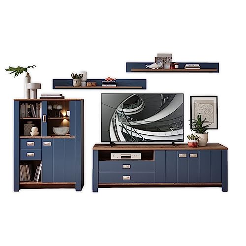 DIJON Wohnwand Komplett-Set in Parisian Blue, Haveleiche Cognac Optik - Moderne Schrankwand mit LED-Beleuchtung für Ihr Wohnzimmer - 307 x 190 x 45 cm (B/H/T) von Stella Trading