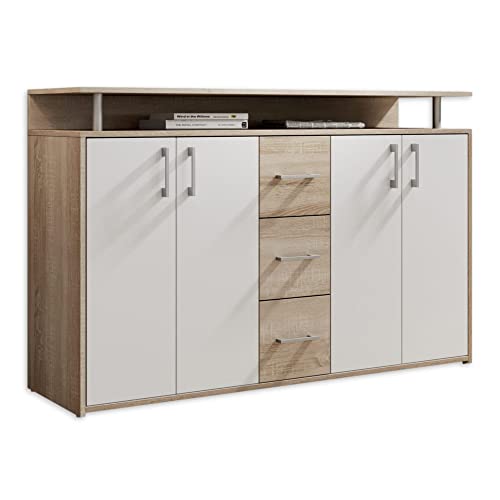 DRIFT Sideboard mit Ablage in Eiche Sonoma Optik, Weiß - Moderne Kommode mit Schubladen und viel Stauraum für Ihren Wohnbereich - 139 x 90 x 34 cm (B/H/T) von Stella Trading