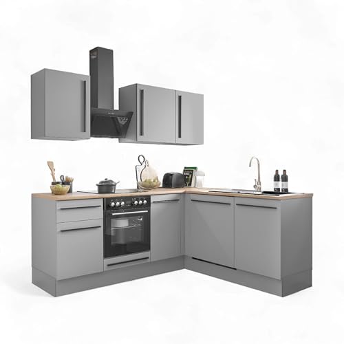 Denver Moderne Eckküche mit Elektrogeräten in Grau, Lancelot Eiche Optik - Geräumige Küchenzeile in L-Form mit viel Stauraum - 220 x 211 x 60 cm (B/H/T) von Stella Trading