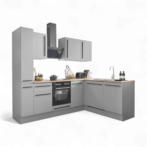 Denver Moderne Eckküche mit Elektrogeräten in Grau, Lancelot Eiche Optik - Geräumige Küchenzeile in L-Form mit viel Stauraum - 250 x 211 x 60 cm (B/H/T) von Stella Trading