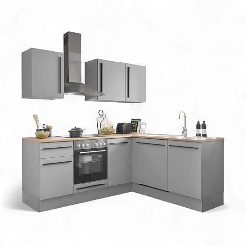 Denver Moderne Eckküche ohne Elektrogeräte in Grau, Lancelot Eiche Optik - Geräumige Küchenzeile in L-Form mit viel Stauraum - 220 x 211 x 60 cm (B/H/T) von Stella Trading