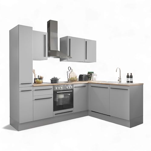 Denver Moderne Eckküche ohne Elektrogeräte in Grau, Lancelot Eiche Optik - Geräumige Küchenzeile in L-Form mit viel Stauraum - 250 x 211 x 60 cm (B/H/T) von Stella Trading