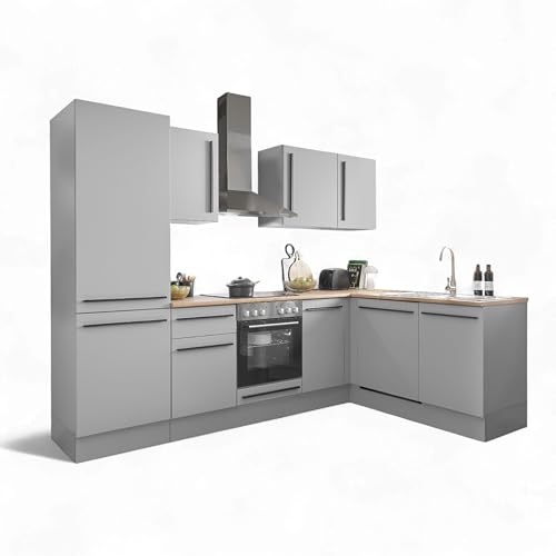 Denver Moderne Eckküche ohne Elektrogeräte in Grau, Lancelot Eiche Optik - Geräumige Küchenzeile in L-Form mit viel Stauraum - 280 x 211 x 60 cm (B/H/T) von Stella Trading