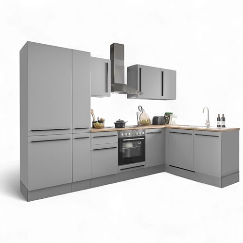 Denver Moderne Eckküche ohne Elektrogeräte in Grau, Lancelot Eiche Optik - Geräumige Küchenzeile in L-Form mit viel Stauraum - 310 x 211 x 60 cm (B/H/T) von Stella Trading