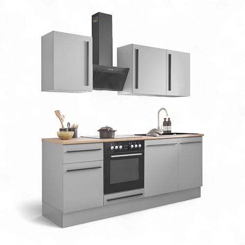 Denver Moderne Küchenzeile mit Elektrogeräten in Grau, Lancelot Eiche Optik - Geräumige Einbauküche mit viel Stauraum - 220 x 211 x 60 cm (B/H/T) von Stella Trading