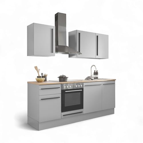 Denver Moderne Küchenzeile mit Elektrogeräten in Grau, Lancelot Eiche Optik - Geräumige Einbauküche mit viel Stauraum - 220 x 211 x 60 cm (B/H/T) von Stella Trading