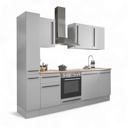 Denver Moderne Küchenzeile mit Elektrogeräten in Grau, Lancelot Eiche Optik - Geräumige Einbauküche mit viel Stauraum - 250 x 211 x 60 cm (B/H/T) von Stella Trading