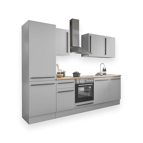 Denver Moderne Küchenzeile mit Elektrogeräten in Grau, Lancelot Eiche Optik - Geräumige Einbauküche mit viel Stauraum - 280 x 211 x 60 cm (B/H/T) von Stella Trading