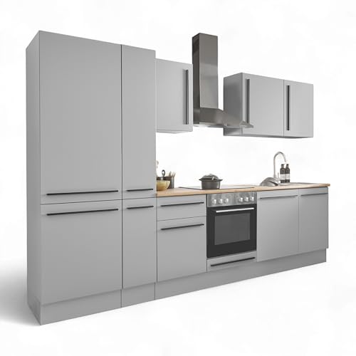 Denver Moderne Küchenzeile mit Elektrogeräten in Grau, Lancelot Eiche Optik - Geräumige Einbauküche mit viel Stauraum - 310 x 211 x 60 cm (B/H/T) von Stella Trading