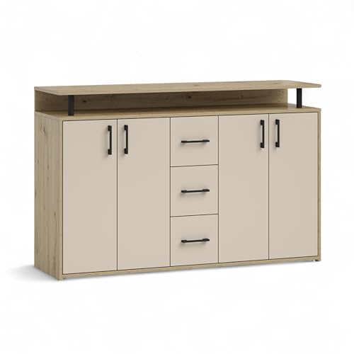 Drift Highboard mit Ablage in Kaschmir, Artisan Eiche Optik - Moderner Wohnzimmerschrank mit Schubladen und viel Stauraum für Ihren Wohnbereich - 139 x 90 x 34 cm (B/H/T) von Stella Trading