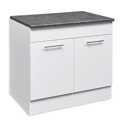 EDDY Moderner Spülenunterschrank Küche in Weiß matt, Metallic Grau - Geräumiger Küchenschrank mit viel Stauraum - 100 x 90 x 60 cm (B/H/T) von Stella Trading