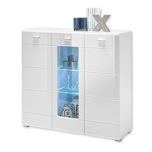 ENRIQUE Highboard mit LED-Beleuchtung, Weiß Hochglanz - Moderner Wohnzimmerschrank mit viel Stauraum für Ihren Wohnbereich - 120 x 112 x 42 cm (B/H/T) von Stella Trading