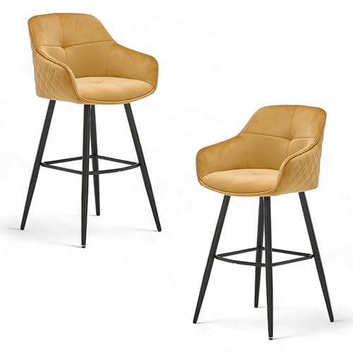 EMMA Barhocker 2er Set mit schwarzem Metallgestell, Gelb - Bequeme Samt Stühle für Esszimmer & Wohnzimmer - 57 x 105 x 53 cm (B/H/T) von Stella Trading
