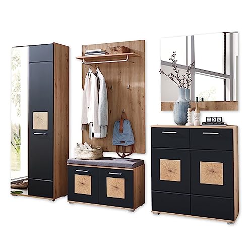 FUN Garderobenschrank in Schwarz, Artisan Eiche Optik mit Hirnholz-Applikationen - Moderner Flurgarderoben Schrank mit viel Stauraum - 65 x 195 x 38 cm (B/H/T) von Stella Trading