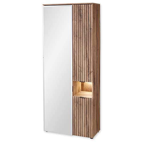 Froschkönig24 Linea Garderobenschrank mit Spiegel in Flagstaff Oak Optik, Anthrazit - Flurgarderoben Schrank mit LED-Beleuchtung und ausziehbarer Kleiderstange - 82 x 204 x 38 cm (B/H/T) von Stella Trading