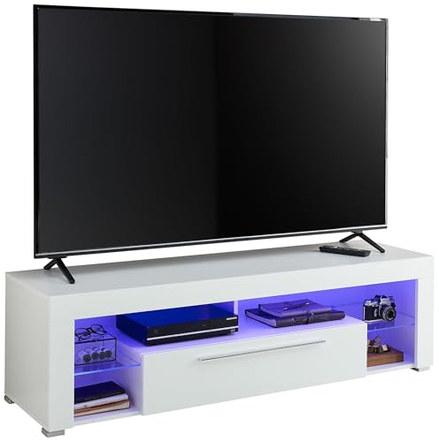 GOAL Lowboard in Hochglanz Weiß mit blauer LED-Beleuchtung - hochwertiges TV-Board mit viel Stauraum für Ihr Wohnzimmer - 153 x 44 x 44 cm (B/H/T) von Stella Trading