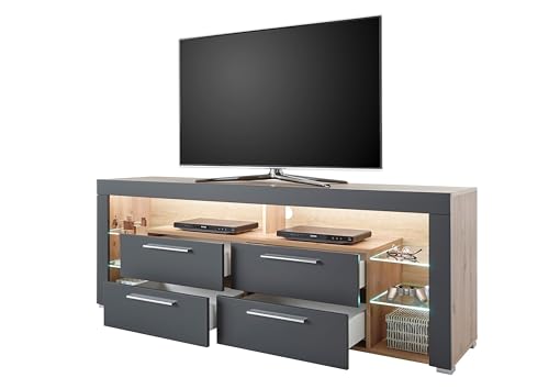 GOAL TV-Lowboard in Artisan Eiche Optik, Grau mit LED-Beleuchtung - hochwertiges TV-Board mit viel Stauraum für Ihr Wohnzimmer - 179 x 66 x 44 cm (B/H/T) von Stella Trading