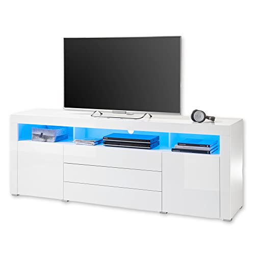 Stella Trading TV-Lowboard in Weiß, Weiß Hochglanz mit blauer LED-Beleuchtung - TV Schrank mit viel Stauraum für Ihr Wohnzimmer - 200 x 74 x 44 cm (B/H/T) von Stella Trading