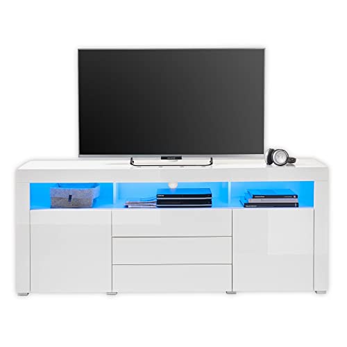 GOAL TV-Lowboard in Weiß, Weiß Hochglanz mit blauer LED-Beleuchtung - TV Schrank mit viel Stauraum für Ihr Wohnzimmer - 180 x 74 x 44 cm (B/H/T) von Stella Trading