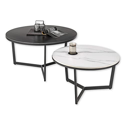 Stella Trading Beistelltisch 2er Set in Marmor Optik rund, Schwarz / Weiß - Modernes Couchtisch Set mit schwarzem Metallgestell - 90 x 45 x 90 cm (B/H/T) von Stella Trading