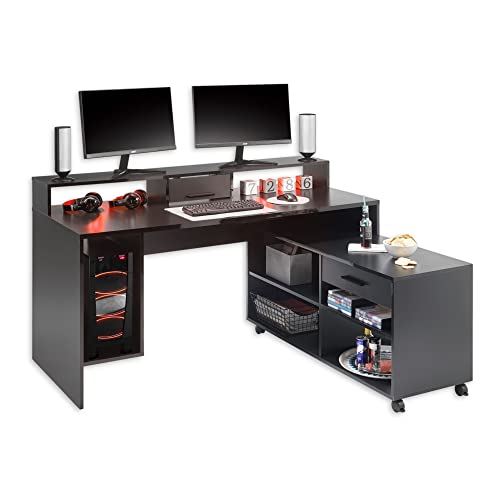 Highscore 3 Gaming Tisch in Schwarz - Gaming Schreibtisch mit Rollcontainer und LED-Beleuchtung - 160 x 92 x 70 cm (B/H/T) von Stella Trading