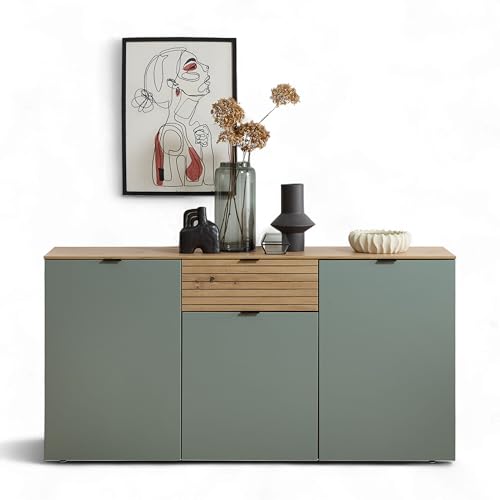 INA Sideboard in Schilfgrün, Artisan Eiche Optik FSC-Zertifiziert - Moderne Kommode mit Schublade und viel Stauraum - 180 x 90 x 45 cm (B/H/T) von Stella Trading