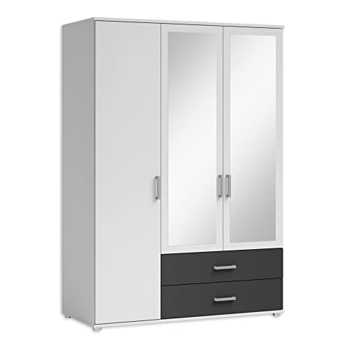 IVAR Kleiderschrank mit Spiegeln und Schubladen - Vielseitiger Drehtürenschrank 3-türig in Weiß, Graphit - 125 x 190 x 51 cm (B/H/T) von Stella Trading