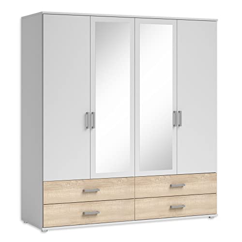 IVAR Kleiderschrank mit Spiegeln und Schubladen - Vielseitiger Drehtürenschrank 4-türig in Weiß, Eiche Sonoma Optik - 180 x 190 x 51 cm (B/H/T) von Stella Trading
