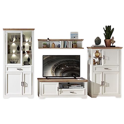 JASMIN Wohnwand Komplett-Set in Pinie hell, Artisan Eiche Optik - Schrankwand mit LED-Beleuchtung für Ihr Wohnzimmer im Landhausstil - 354 x 204 x 51 cm (B/H/T) von Stella Trading