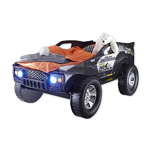 JEEP Autobett mit LED-Beleuchtung 90 x 200 cm - Aufregendes & hohes SUV Auto Kinderbett für kleine Rennfahrer in Schwarz - 127 x 96 x 219 cm (B/H/T) von Stella Trading