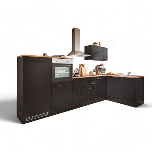 Jazz 4 Moderne Eckküche mit Elektrogeräten in Schwarz matt, Lanzelot Eiche Optik - Geräumige Küchenzeile in L-Form mit viel Stauraum - 320 x 200 x 60 cm (B/H/T) von Stella Trading