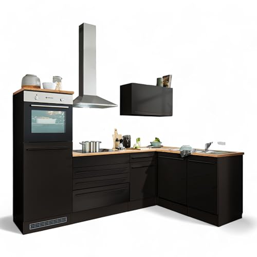 Jazz 6 Moderne Eckküche mit Elektrogeräten in Schwarz matt, Lanzelot Eiche Optik - Geräumige Küchenzeile in L-Form mit viel Stauraum - 260 x 200 x 60 cm (B/H/T) von Stella Trading