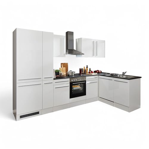 Jazz 8 Moderne Eckküche mit Elektrogeräten in Weiß Hochglanz, Metallic Grau - Geräumige Küchenzeile in L-Form mit viel Stauraum - 310 x 211 x 60 cm (B/H/T) von Stella Trading
